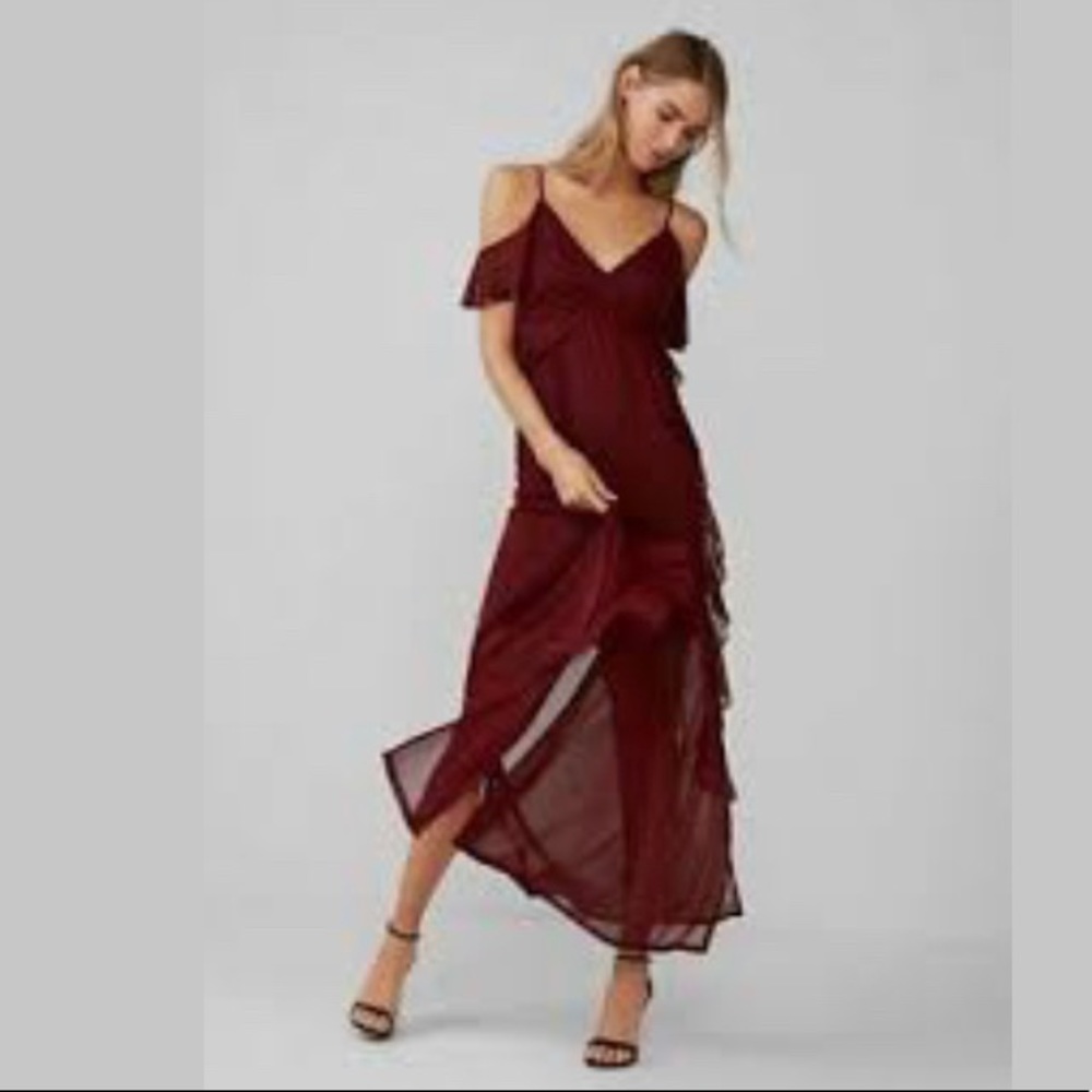 NWT Express Cold Shoulder Ruffle Maxi Dress -- Size Small / Burgundy